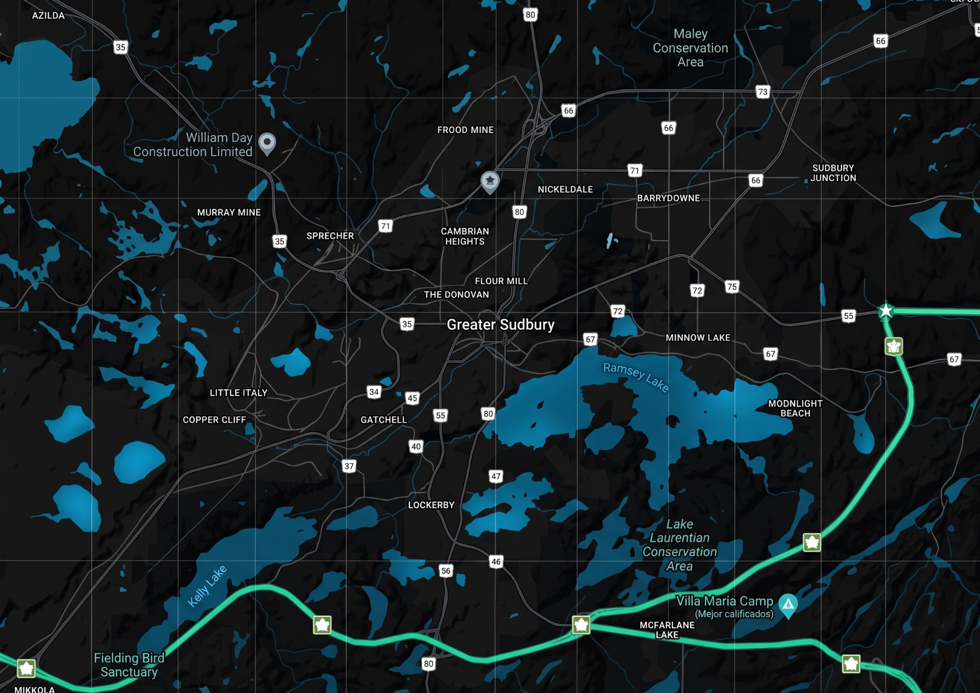 Detailed dark map of Greater Sudbury and surrounding communities